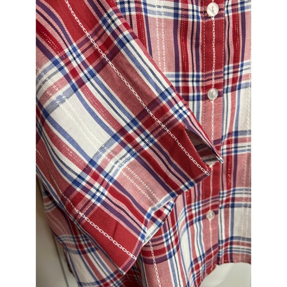 Alfred Dunner Women's Red Plaid 3/4 Sleeve Button Front Top Floral Beading 14P - Picture 5 of 10